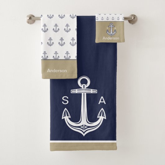Monogram Nautisch Anker Blauw Wit Tan Kust Bad Handdoek (Insitu)