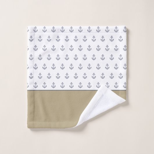 Monogram Nautisch Anker Blauw Wit Tan Kust Bad Handdoek (Wasdoekje)