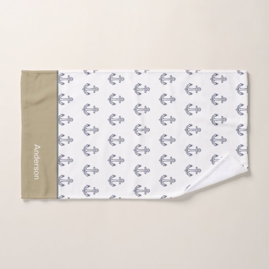 Monogram Nautisch Anker Blauw Wit Tan Kust Bad Handdoek (Handdoek)