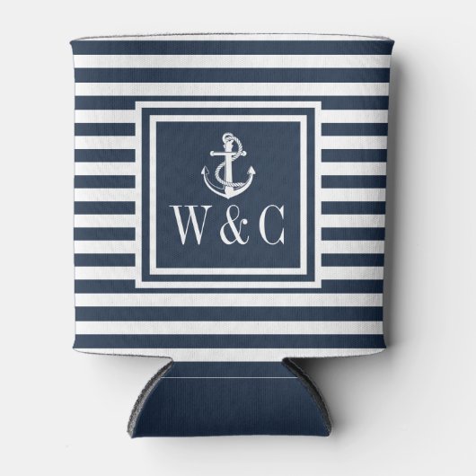 Monogram Nautisch anker marineblauw Stripe Blikjeskoeler (Voorkant)