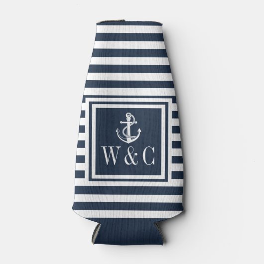 Monogram Nautisch anker marineblauw Stripe Flesjeskoeler (Voorkant)