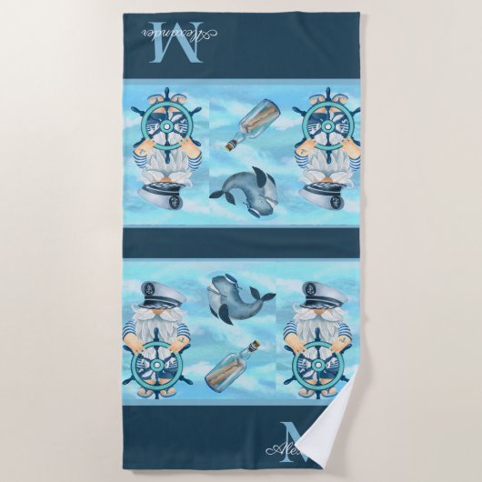 Monogram nautische kapitein in walvis blauw wit jo strandlaken (Voorkant)
