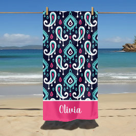 Monogram Navy and Pink Ikat Paisley Name Strandlaken