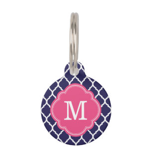 Monogram Navy and Pink Quatrefoil Huisdierpenning