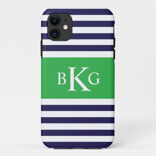 Monogram Navy Apple Green Stripes Case-Mate iPhone Case (Achterkant)