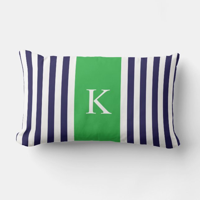 Monogram Navy Apple Green Stripes Kussen (Voorkant)
