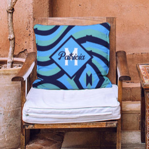 Monogram Navy Blauw & Blauwgroen psychedelisch Kussen