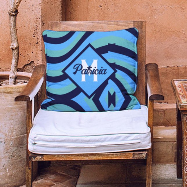 Monogram  Navy Blauw & Blauwgroen psychedelisch Kussen (Creator heeft geüpload)