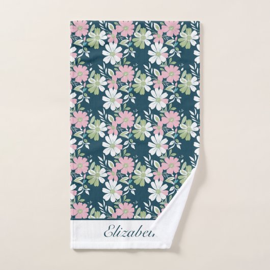 Monogram Navy blauw Roze Groen Wit Bloem Bloemen Bad Handdoek (Handdoek)