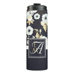 Monogram Navy Blauw Witte Bloemendecor Anemoon Thermosbeker