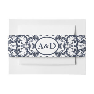 Monogram Navy Blauwe Bloemendamask Uitnodigingen Wikkel