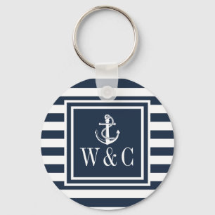 Monogram Navy Blauwe Gestreepte Zeevaart Anker Sleutelhanger