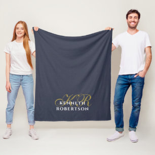Monogram Navy Blauwe Goud Witte Minimalistische Ma Fleece Deken