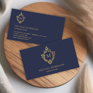 Monogram Navy Blauwe Nep Gouden Crest Vintage Eleg Visitekaartje