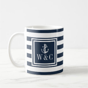 Monogram Navy Blauwe Streep Zeevaart Boot Anker Koffiemok