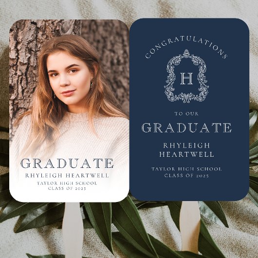 Monogram Navy Blauwe Witte Foto Afstuderen Handwaaier