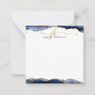 Monogram Navy Blue Agate Geode Gold Glitter Notitiekaartje