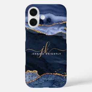 Monogram Navy Blue Agate Geode Gold Script iPhone 16 Hoesje