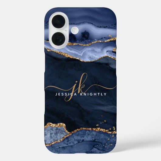 Monogram Navy Blue Agate Geode Gold Script Case-Mate iPhone Case (Achterkant)