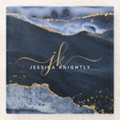 Monogram Navy Blue Agate Gold Glitter Script Glazen Onderzetter (Voorkant)
