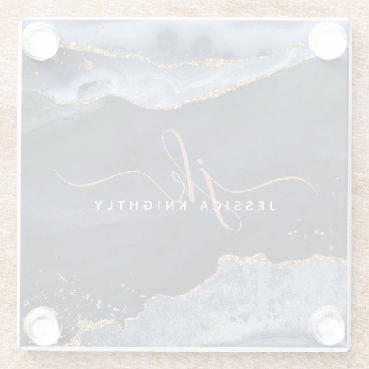 Monogram Navy Blue Agate Gold Glitter Script Glazen Onderzetter (Achterkant)