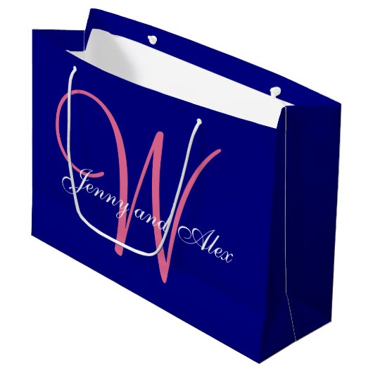 Monogram Navy Blue Azalea Pink Wedding Large Cadeautasje (Voorkant Gekanteld)