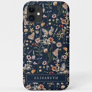 Monogram Navy Blue Bloem iPhone hoesje