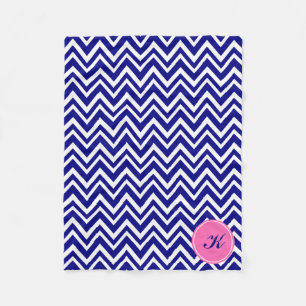 Monogram Navy Blue Chevron Pattern met Hot Pink Fleece Deken