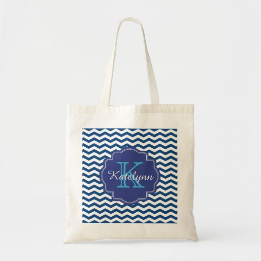 Monogram Navy Blue Chevron Zigzag Custom Canvas ta Tote Bag (Voorkant)
