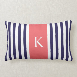 Monogram Navy Blue Coral Stripes Kussen