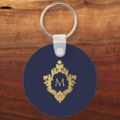 Monogram Navy Blue Elegant Faux Gold Crest Initiaa Sleutelhanger (Voorkant)