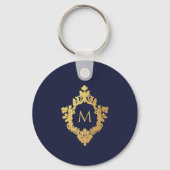 Monogram Navy Blue Elegant Faux Gold Crest Initiaa Sleutelhanger (Achterkant)