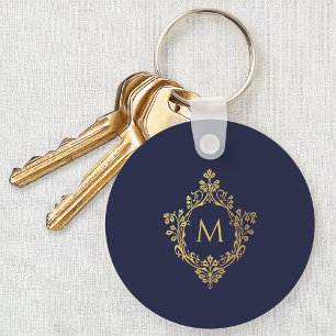 Monogram Navy Blue Elegant Faux Gold Crest Initiaa Sleutelhanger