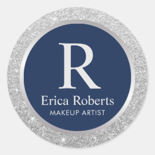 Monogram Navy Blue Elegant Silver Glitter Ronde Sticker