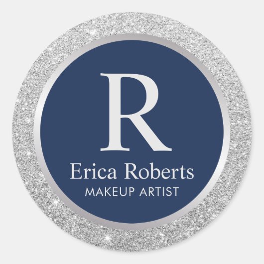 Monogram Navy Blue Elegant Silver Glitter Ronde Sticker (Voorkant)