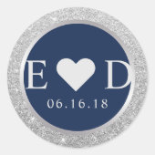 Monogram Navy Blue Elegant Silver Glitter Wedding Ronde Sticker (Voorkant)
