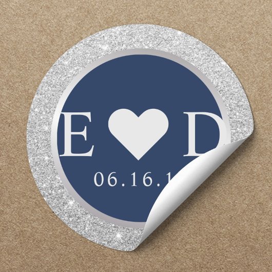 Monogram Navy Blue Elegant Silver Glitter Wedding Ronde Sticker