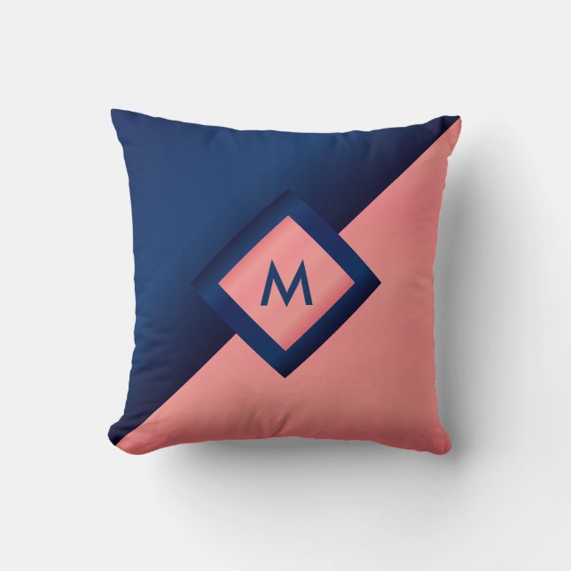Monogram Navy Blue en Coral Kussen (Voorkant)