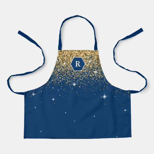 Monogram Navy Blue en Gold Glitter Modern Hexagon Schort (Voorkant)