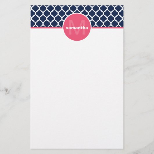 Monogram Navy Blue en Hot Pink Quatrefoil Briefpapier (Voorkant)