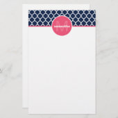 Monogram Navy Blue en Hot Pink Quatrefoil Briefpapier (Voorkant / Achterkant)