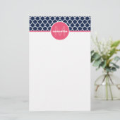 Monogram Navy Blue en Hot Pink Quatrefoil Briefpapier (Staand voorkant)