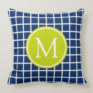 Monogram Navy Blue en Lime Green Lattice Kussen