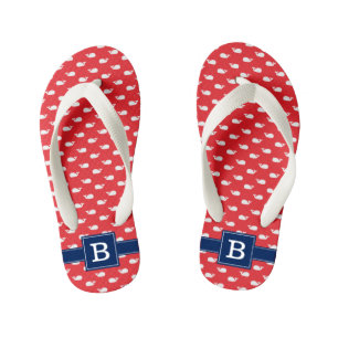 Monogram Navy Blue en Red Whales Kinder Teenslippers