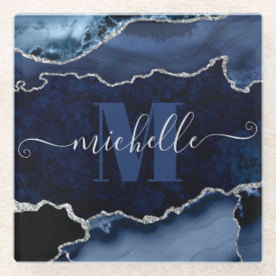 Monogram Navy Blue en Silver Glitter Marble Agate Glazen Onderzetter
