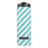 Monogram Navy Blue en Turquoise Preppy Stripes Thermosbeker (Voorkant)