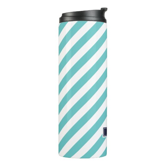 Monogram Navy Blue en Turquoise Preppy Stripes Thermosbeker (Gedraaid links)