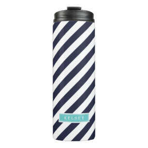Monogram Navy Blue en Turquoise Preppy Stripes Thermosbeker