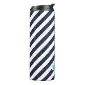 Monogram Navy Blue en Turquoise Preppy Stripes Thermosbeker (Gedraaid links)