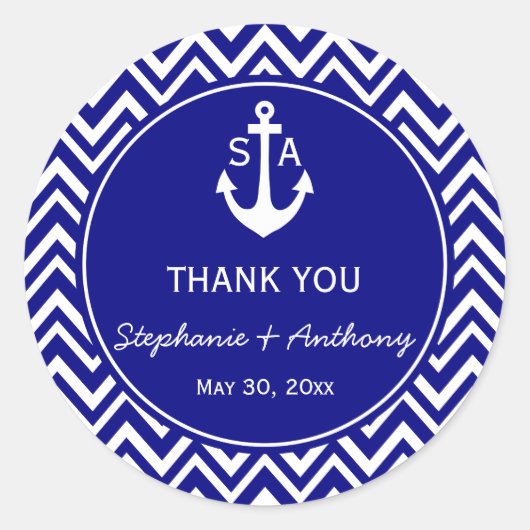 Monogram Navy Blue en White Nautical Wedding Ronde Sticker (Voorkant)